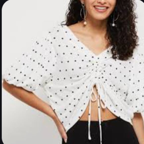 Polka Dot Puff Sleeved Drawstring Blouse - Picture 4 of 4